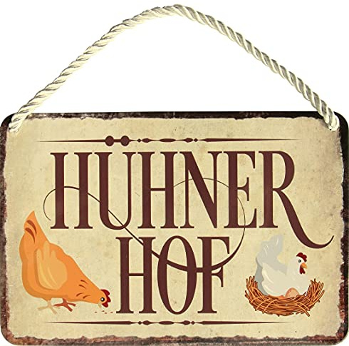 WOGEKA Art Retro Blechschild - Hühnerhof Hühner-Ei Stall Huhn - witziger Spruch Geschenk-Idee Geburtstag Weihnachten Dekoration 18x12 cm Vintage-Design Hänge-Schild Metall HS575