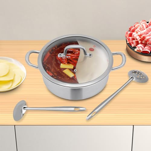 Shabu Hot Pot en acier inoxydable 28 cm/32 cm 2 compartiments avec couvercle en verre Shabu, double face pour deux saveurs différentes, casserole à soupe avec séparateur double face (28 cm)
