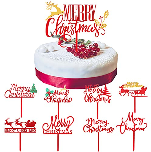 9 Stück Weihnachten Tortendeko Set Acryl Rot Merry Christmas Cake Toppers mit Verschiedenem Muster Tortenaufsätze Weihnachten Kuchen Topper Tortenstecker Weihnachts Kuchendeko für Xmas Party usw.