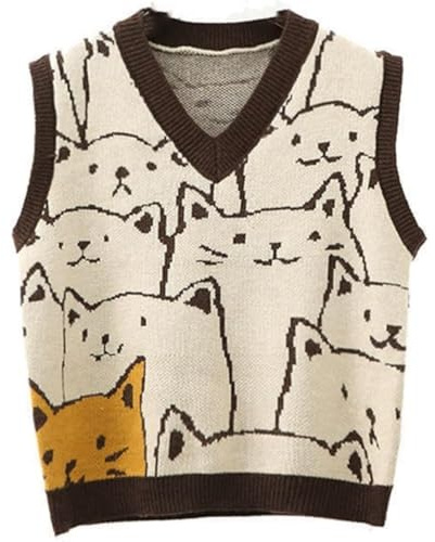Dawwoti Women’s Knitted Sweater Vest Sleeveless Pullovers Jumpers Cat Pattern Sweatshirts for Winter Autumn Spring Coffee
