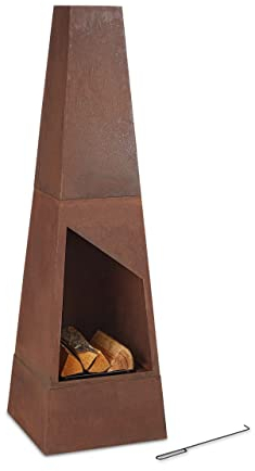 Relaxdays Gartenkamin Cortenstahl, Aschekasten, Feuerrost & Schürhaken, Edelrost Terrassenofen, HBT: 149x45x45cm, braun