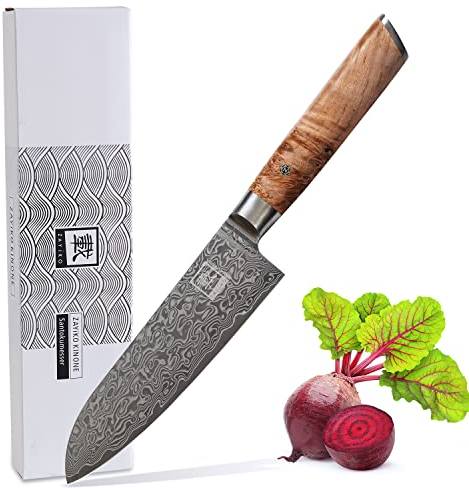 zayiko Damast Santokumesser Klinge 17 cm I aus 67 Lagen I Damastmesser Küchenmesser aus echtem schwarzen Damaststahl mit Wurzelholzgriff Birke Serie Kinone