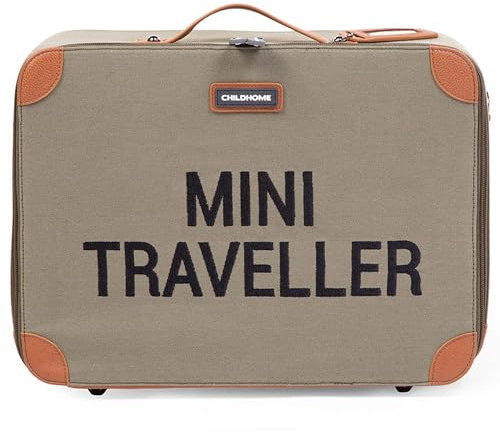 CHILDHOME, Valigia per bambini, Weekend, formato cabina, compatto, resistente, con manico per trasporto, etichetta nome, design, similpelle, mini viaggiatore, cachi