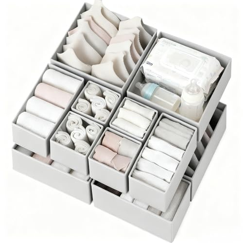 Criusia Drawer Organizer Clothes 12 Pack, Dresser Organizer for Nursery Bedroom Closet Organization and Storage - Baby Clothes Organizer Bins - Drawer Divider for Sock Underwear Bra Ties (Grey)