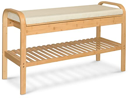 AD.CON Bambus Schuhregal, Schuhregal aus Bambus mit Sitzbank, Schuhbank mit Sitzkissen, Sitzbank mit einer Ebene, Beige
