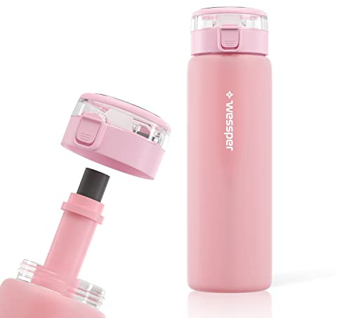 Wessper Botella Agua Cristal con Filtro Agua, 680ml - Rosa | botella de agua con filtro carbon activado, sin BPA, botella agua para deportes, gimnasio, escuela y niños