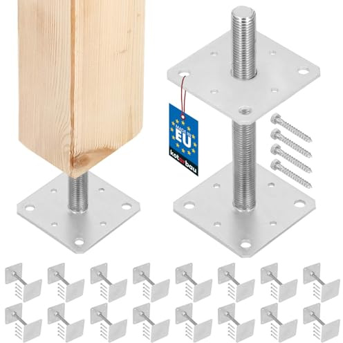 KOTARBAU® Pfostenträger höhenverstellbar 160x160 mm, Gewinde M24x250 mm | Balkenschuh zum Aufschrauben, Stützenfuß für Zaunpfosten & Holzbalken, verzinkter Stahl, Silber, 16er Set