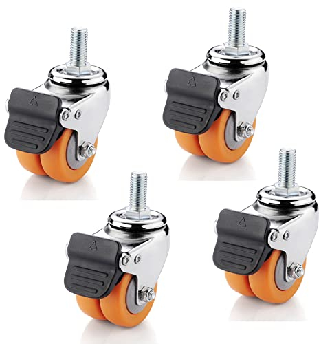 HCZION Gummi-Doppelrollen, Lenkrollen mit M12-Gewindeschaft, Ersatz-Schwerlast-Lenkrollen, (4 Stück), stumm tragbar, 4 Bremsen – 2 Zoll