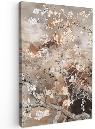 MuchoWow© Bild auf Leinwand Groß XXL Schlafzimmer Bilder Badezimmer Wand | 80x120 cm - Deko Wohnzimmer Modern Wanddeko Bilderwand Geschenk Mandelblüte - Kunst - Van Gogh - Beige - Abstrakt