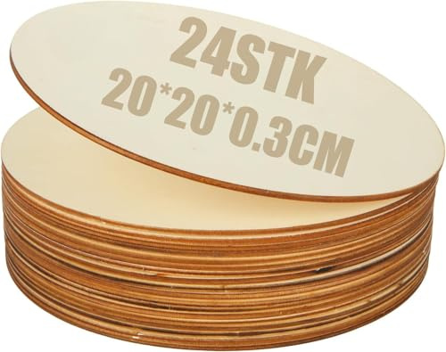 SENENQU 24 Pezzi Dischi Legno per Sottobicchieri Legno, Cerchi Rotondi 20 cm, Pannelli Grezzi 3 mm per Pirogravura, Pittura, Artigianato Creativo e Decorazioni Fai da Te