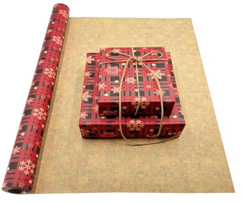 Jumbo-Geschenkpapierrolle: 60 cm x 12 m, recycelbares rotes Weihnachts-Kraftpapier mit Schneeflocken- und Punktdruck für Weihnachts-, Geburtstags-, Hochzeits- und Festgeschenkdekorationen
