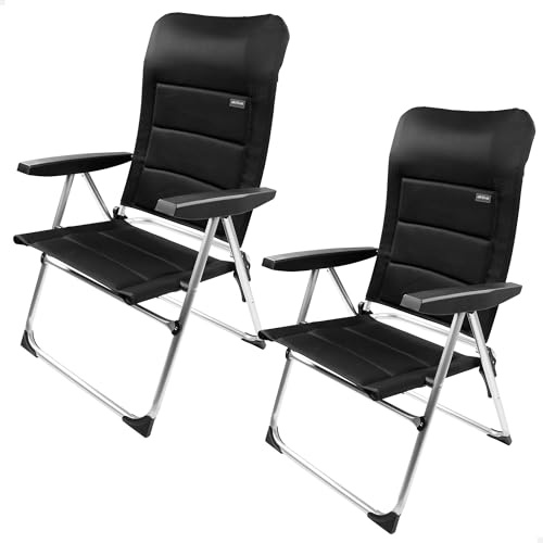 AKTIVE 2-pack fällbara Deluxe-stolar, 5 positioner, svart, för terrass, balkong, innergård eller trädgård, 49 x 59 x 105 cm, av aluminium och polyester, vadderad, vattentät, max 110 kg, fällstolar