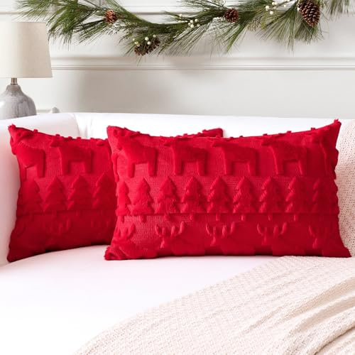 Artscope 2er Set Wolle Kissenbezüge Weicher Plüsch Kurzer Wollsamt Dekokissenbezuge Luxuriöses Sofakissen Europäische Kissenhülle für Sofa Schlafzimmer Weihnachtsbaum und Elch Rot, 40x60cm