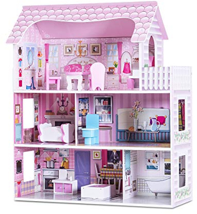 GYMAX Casa delle Bambole per Bambina in Legno, Giocattolo Multicolore a 3 Ripiani con Accessori Completi e Mobili, 70x62x27 cm