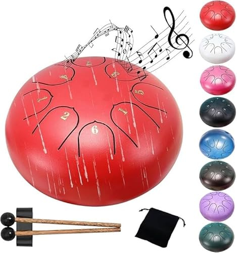 Steel Tongue Drum 6 Zoll 8-Noten-Handtrommel mit Reisetasche, Schlägel, Notenbuch, D-Dur-Musikinstrumente for Erwachsene – Konzert-Percussion – Klangheilung(Red)