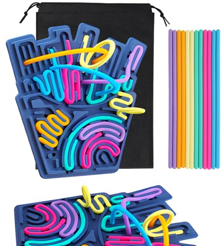 JurciCat Tavola Sensoriale con Borsa da Viaggio e 12 Cordoncini Accessori Tavola Sensoriale Silicone Doppia Faccia Giocattolo Sensoriale per Bambini dai 3 Anni e Adulti Gioco D'attività (Blu Navy