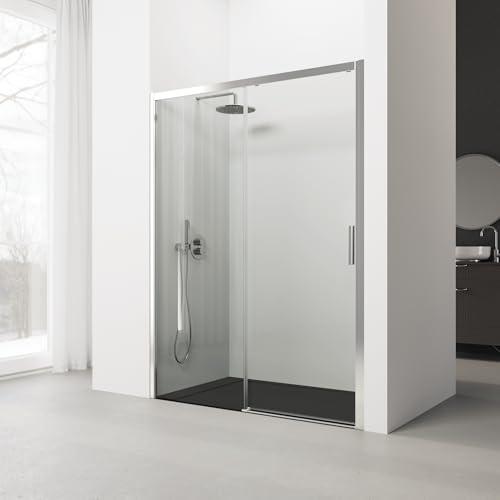 REALSHOWER Mampara de Ducha Corredera Medidas (156 a 160) x 195 cm, Ancho Ajustable, Frontal - 2 hojas: 1 fija, 1 Con Rodamientos - Vidrio 6 mm, Reversible - SERIE 300F - Perfil color Plata Brillo