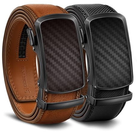 KEMISANT Cinturón Trinquete 2 Paquete, Cinturón Hombres Cuero Deslizante Ajustable para Regalo Pantalones Casuales de Vestir Jeans,Corte para Ajuste(Negro/Naranja Marrón,115cm/32-38 Cintura ajuste)