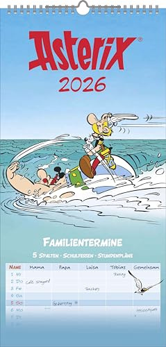 N Neumann - Asterix 2026 – Familienplaner 22x45 cm mit 5 Spalten, deutschem Kalendarium, Stundenplänen & Ferienterminen, Terminplaner mit Spiralbindung, Comic-Kalender für Kinder & Familien
