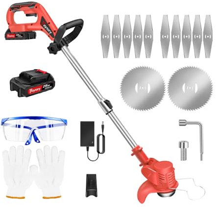 Garden Grass Cutter Electric Grass Edger Cordless String Trimmer Adjustable Head and Rod 10000RPM 21V 2x1.5Ah Batteries for Outdoor Yard(Red)