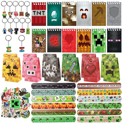 HYZMSZA 98 Pcs Videojuegos Fiesta Cumpleaños de Regalo, Miner Regalos Fiesta los Niños, Libreta Llaveros Pegatinas Pulseras Bolsa Regalo, Videojuegos Miner Artículos de Fiesta, Favores de Fiesta