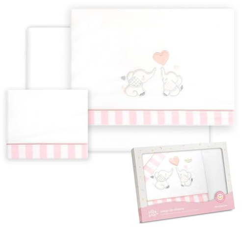 Interbaby - Sábanas Bebé Algodón - Coche/Moisés/Capazo - Parejita Elefante - Conjunto 3Pcs. Bajera + Encimera + Funda Almohada