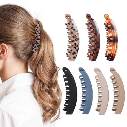 Yuanchu 7 Stück Groß Bananen Haarspange, Pferdeschwanz Haarklammer Vintage Bananen Clips Bananens Haarspangen Griffkämme Rutschfeste Leopard Haar Spange für Feines Dünner Werdendes Haar