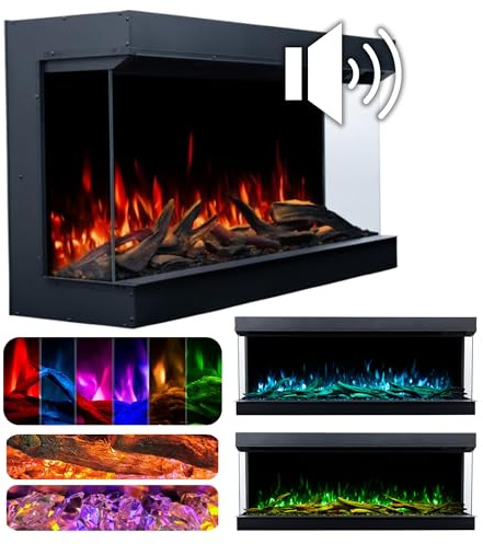 AFLAMO Chimenea Eléctrica LED Superb 3D 100, Montaje Empotrado, Control por App, Compatible con Alexa, Calefacción y Efectos de Llama Multicolor, con Sonido y Calefacción (100x65x35)