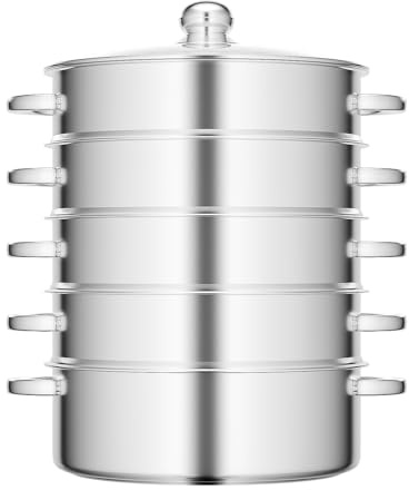 Repomanda 5-Tier Stainless Steel Steamer Cooking 32cm with Glass Lid 4 Steam Grids and 1 Bottom Cooking Pot Vegetable Steamer for Steaming Bread, Dumplings, Vegetables, Fish, Poultry