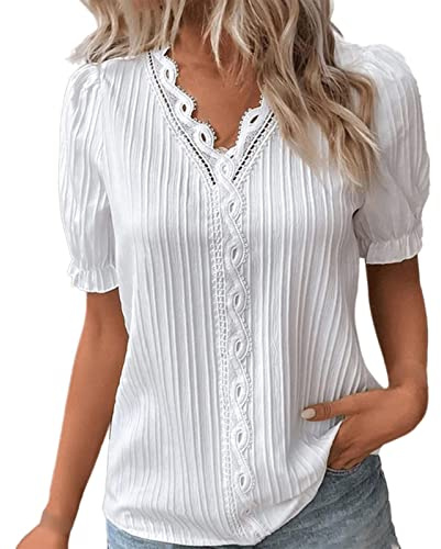 Tshirt Damen V Ausschnitt Elegante Oberteile Spitzen Sommer Bluse Tops Für Frauen Kurzarm T-Shirts Lässige Basic Tops Casual Tunika Oberteil Sommertops