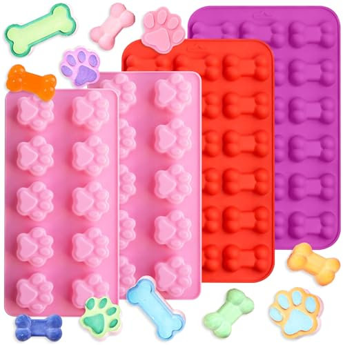 Kezidhp Moldes de Silicona para Galletas de Perro – 4 Alfombrillas Reutilizables sin BPA – Moldes con Forma de Huella y Hueso para Golosinas Caninas, Chocolate, Hielo y Dulces Caseros