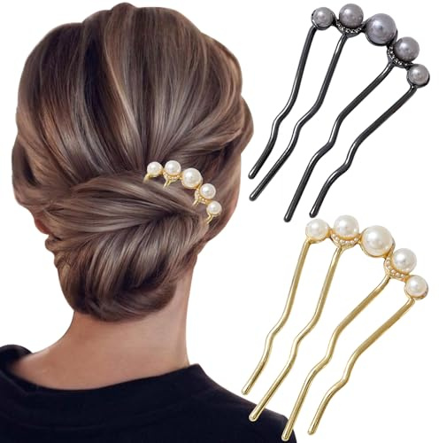 2Stück Haarnadeln Gold Schwarze Perlen Haarschmuck für Damen Französische Haarspange U Förmige Haarnadel Hochsteckfrisuren Zubehör Metall Haargabel French Hair Pin Haarschmuck Hochzeit Haar Accessoire