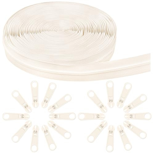 Fermeture Eclair au Metre avec Zip, 5mm de Nylon Fermeture Eclair au Metre de 10 Mètre et 20 Zips Beige en Métal pour Vêtements Sac Pochette Linge de Maison