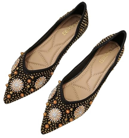 FQLGJMY Femmes pointé Strass Ballet Chaussures Plates Glitter Fleurs Arc fête de Mariage Confort Talon Bas élégant Robe Appartements