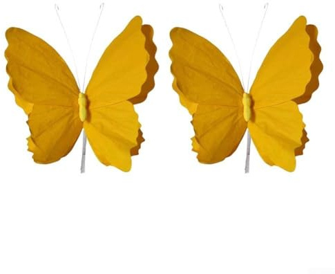 Lot de 2 papillons décoratifs 3D pour jardin, fêtes et festivals, décoration en papier léger à accrocher au plafond ou aux arbres lors d'un anniversaire et d'une réunion (jaune)