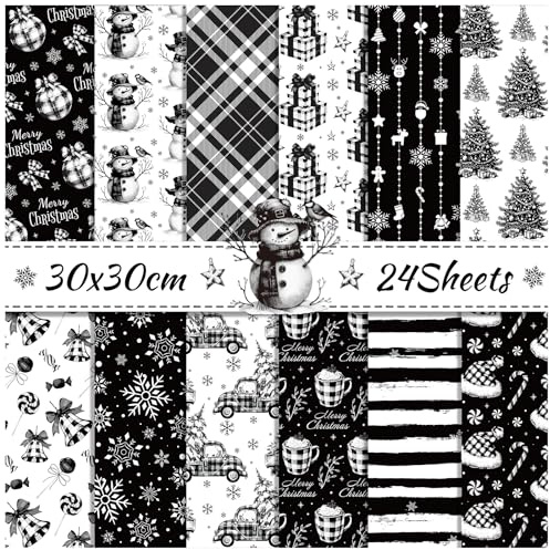 ZAKHSE Motivpapier Weihnachten, 24 Blatt Doppelseitig Bedruckt Designpapier mit Schwarz Weihnachtlich Muster, 30×30cm Scrapbook Papier Bastelpapier für DIY Bastelarbeiten Weihnachtsdekor, 12 Designs