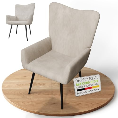 Juskys Fauteuil à Oreilles Odense, Fauteuil Relax en Velours côtelé, Style scandinave, Dossier Haut & rembourré, Structure en Acier – Beige