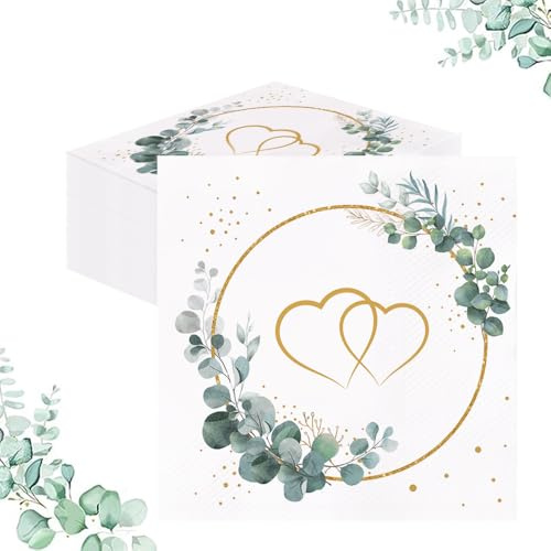 GROVBLE 80 Stück Servietten Hochzeit Eukalyptus Herzen – Tischdeko Hochzeit | Servietten Hochzeit | Eukalyptus Design mit Herzen | Elegante Tischdeko für Hochzeit, Taufe, Geburtstag & Feiern