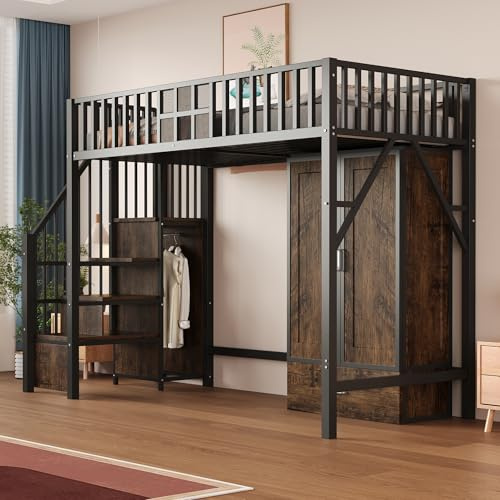 TOBIDOEN Metall Hochbett 90x200 cm mit Metallgittergeländer und Markantem Holzdesign, Großem Kleiderschrank, Schubladen und Stauraumtreppe, Offene Kleiderstange unter der Treppe, Schwarz (90x200)