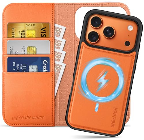 SHIELDON 2 IN 1 Rindsleder Hülle für iPhone 17 Pro 6,3 5G 2025, Orange | Handyhülle, Kabelloses Laden, RFID Blocker, Kartenfach, Magnetverschluss, Handy-Ösen, Ständer, Klapphülle