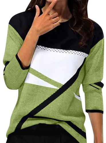 Generico Maglietta Donna Manica Lunga T Shirt Elegante Curvy Girocollo Cotone Camicia Taglie Forti Fantasia Camicie Essentials Primaverile Top Sportiva Magliette Lavoro Tshirt
