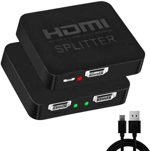 4K HDMI Splitter 1 in 2 Out, 2 Port HDMI Adapter for Dual Monitors Supports 3D 1080P Full HD, Powered HDMI Distributor Compatible with Sky Box, Fire Stick, PS4, Xbox, Projector & TV