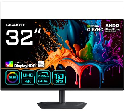 Gigabyte MO32U2 32” OLED 4K UHD Gaming-Monitor - 3840 x 2160, 240Hz, 0.03ms, 250 cd/m², G-Sync Kompatibel, FreeSync Premium Pro, Display HDR True Black 400, HDMI 2.1, DisplayPort 1.4