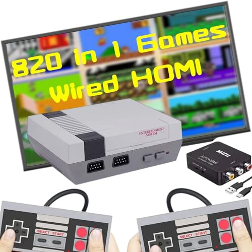 MIAFAEWEL Retro Gaming Console, Video Game Console Built-in 820 Games System, AV and HDMI Output Video Gaming Consoles with Dual Wired Controllers. (Gray)