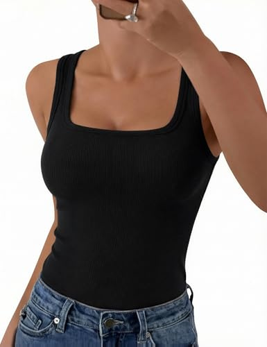 Aottori Camiseta sin Mangas Mujer Verano Cuello Cuadrado Tops Ajustado Elástico Camisetas Tirantes Elegante Punto Tank Top Sólido Básica Chalecos Top