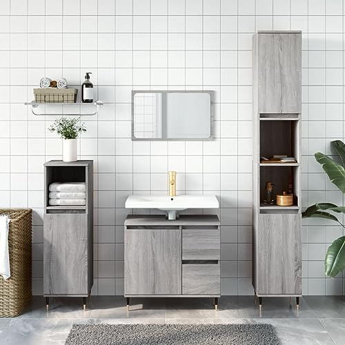 Frdhee Armadietto da bagno, grigio 30 x 30 x 190 cm, in legno per sotto lavandino, lavello, mobiletto da bagno