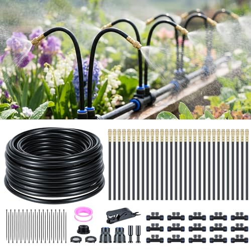 15m Système d'irrigation Jardin 360° Flexible Kit d'irrigation Goutte à Goutte DIY Kit Arrosage Automatique avec 9mm Tuyau et 30pcs Réglable Tête d'Arroseur pour Serre Cour Pelouse Plantes
