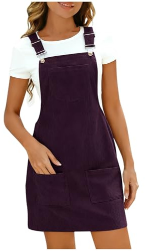 Women's Corduroy Overall Dresse Casual Pinafore Dress Square Neck Solid Pocket Front Wide Straps Short Dungarees Sleeveless Vintage Mini Dress