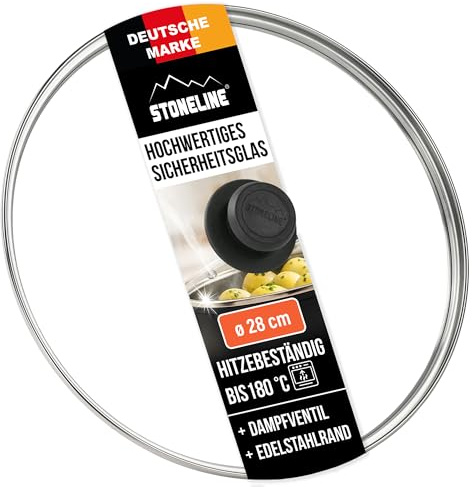 STONELINE Glasdeckel 28 cm, Topfdeckel aus Glas, Spülmaschinengeeignet Hitzebeständig, Universaldeckel für Töpfe Pfannen, Deckel Pfanne Topf mit Edelstahlrand Dampfventil Kunststoffknauf, Schwarz