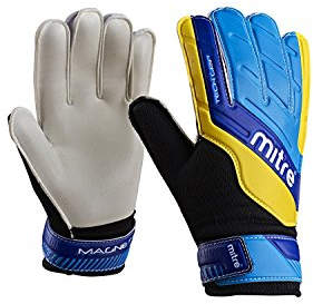 Mitre Magnetite Junior Torwarthandschuhe | Bereit für jedes Spiel | Besonders bequem Handschuhe, Schwarz/Blau/Gelb, Größe 4